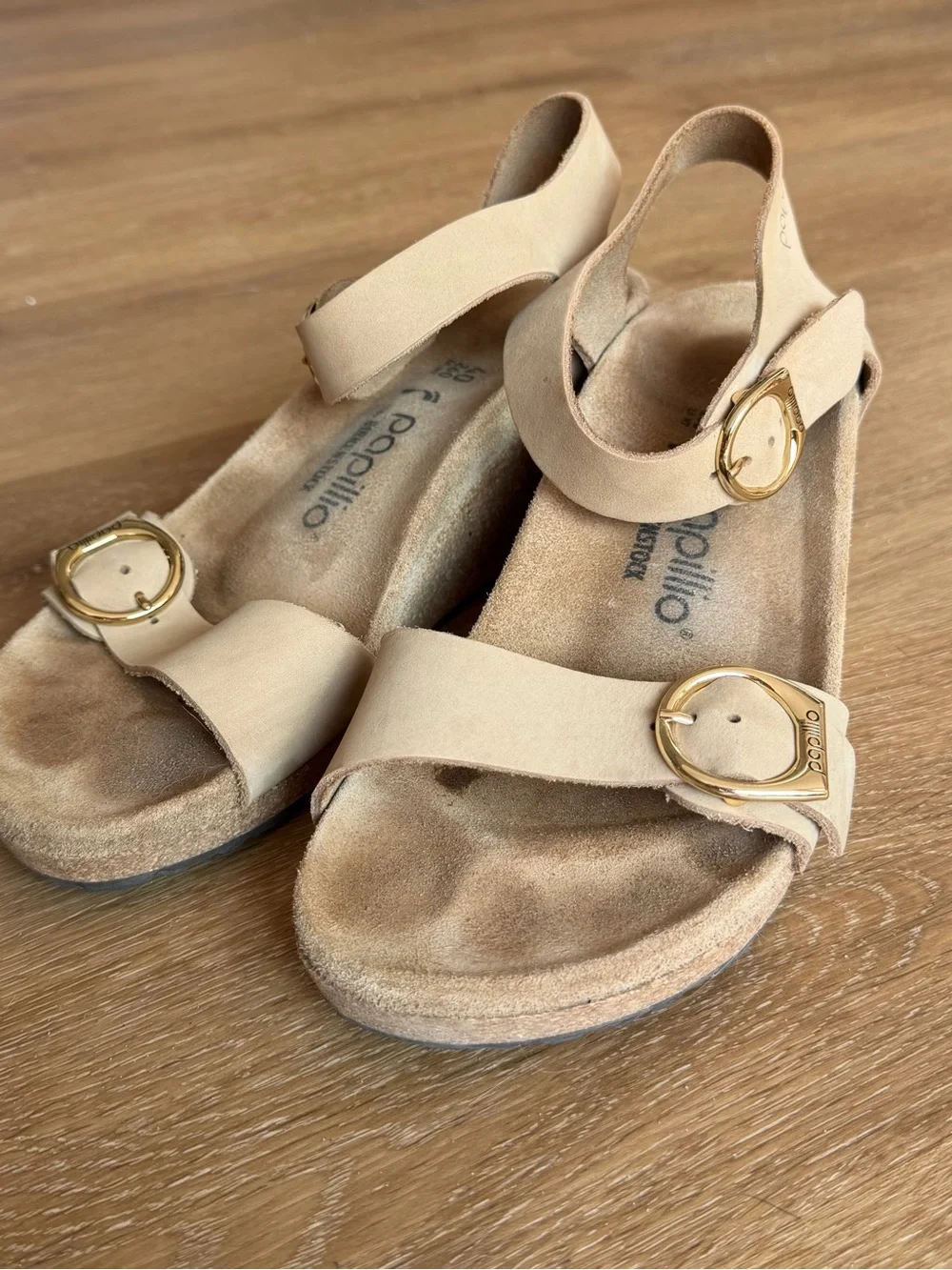 Birkenstock Papillio Soley Cork Wedge Heel Sandal Tan with Gold Buckles